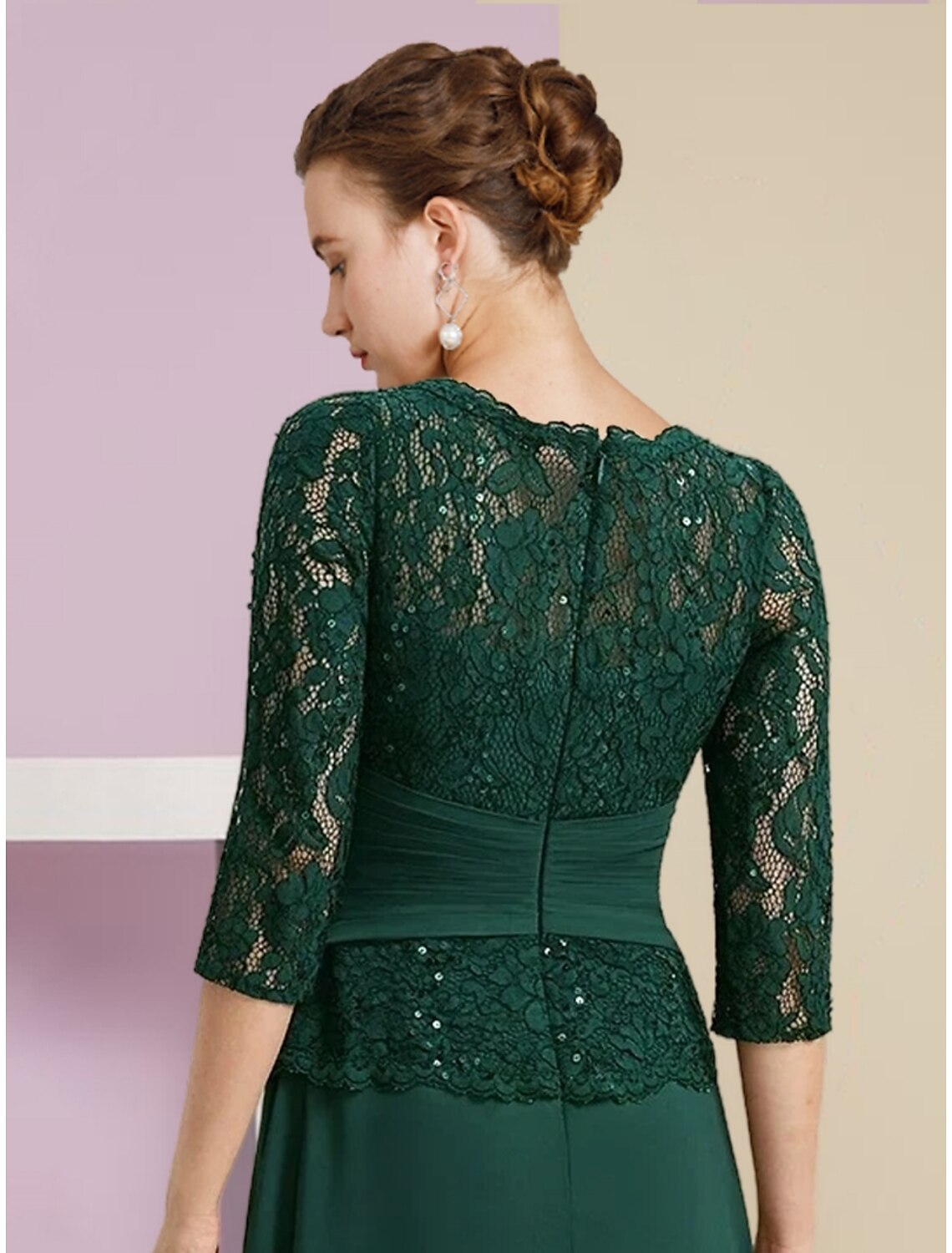 A-Line Mother of the Bride Dress Wedding Guest Elegant Scoop Neck Floor Length Stretch Chiffon 3/4 Length Sleeve with Lace