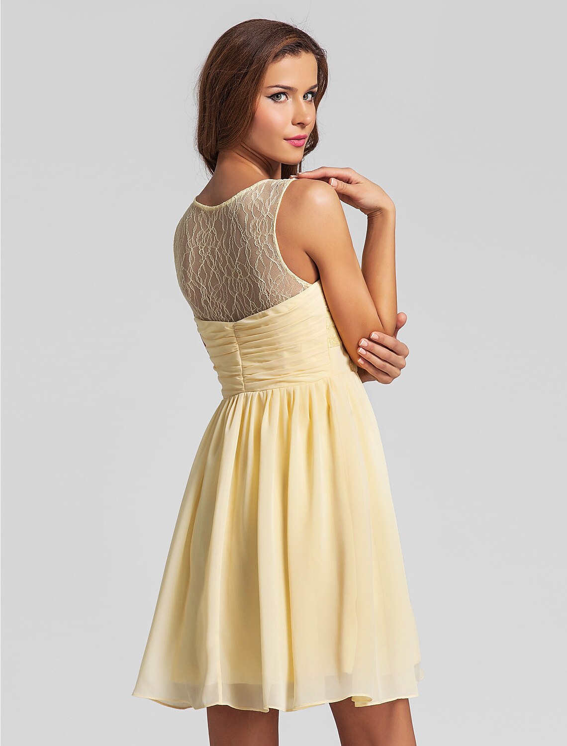 A-Line V Neck Short / Mini Chiffon Bridesmaid Dress with Lace / Criss Cross / Ruched