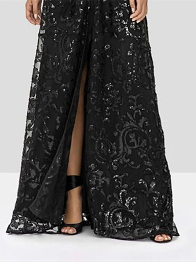 A-Line Mother of the Bride Dress Wedding Guest Elegant Sparkle & Shine V Neck Floor Length Lace Sequined Sleeve with Sequin Appliques Split Front