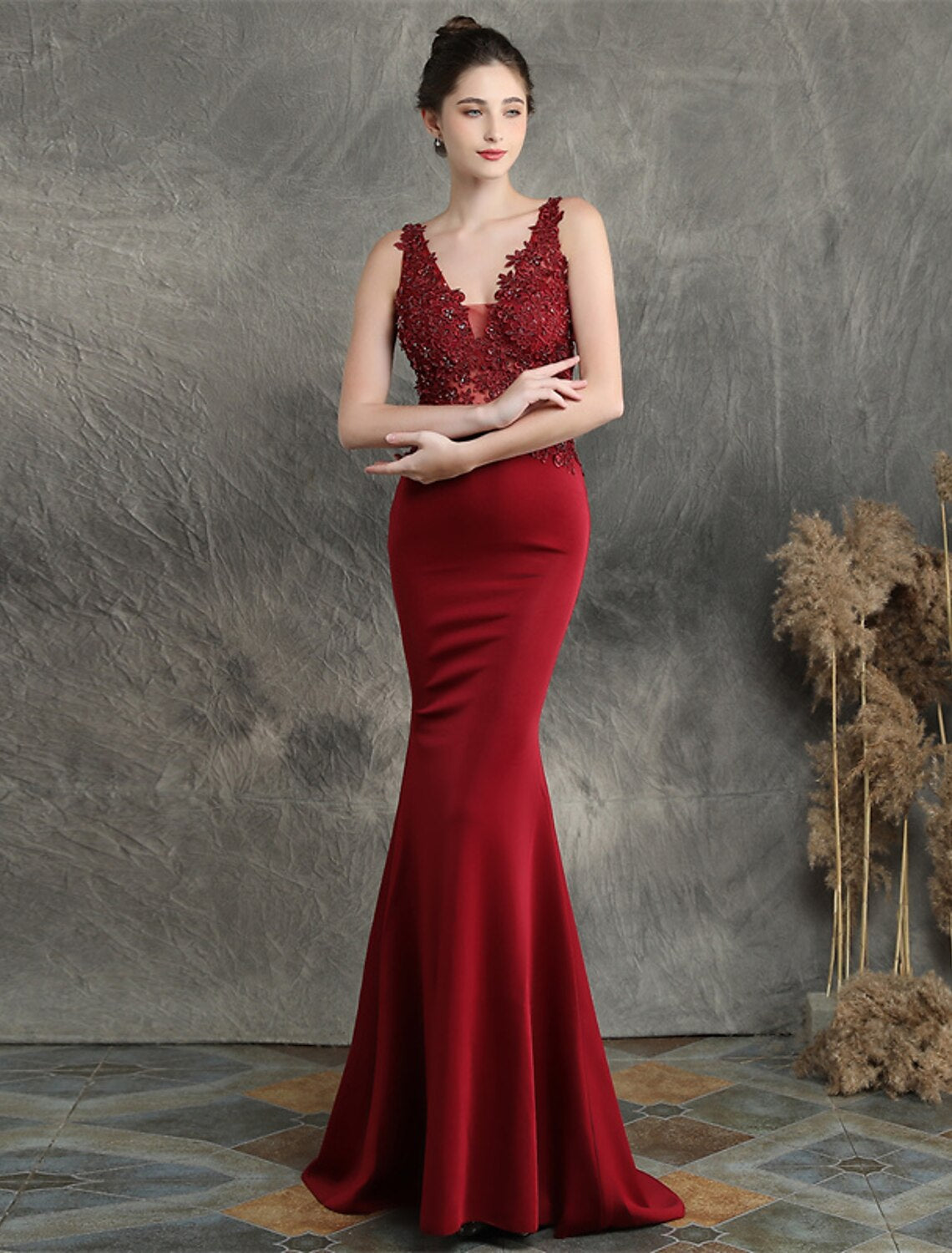 Mermaid / Trumpet Evening Gown Open Back Dress Formal Wedding Guest Sweep / Brush Train Sleeveless V Neck Cotton Blend with Beading