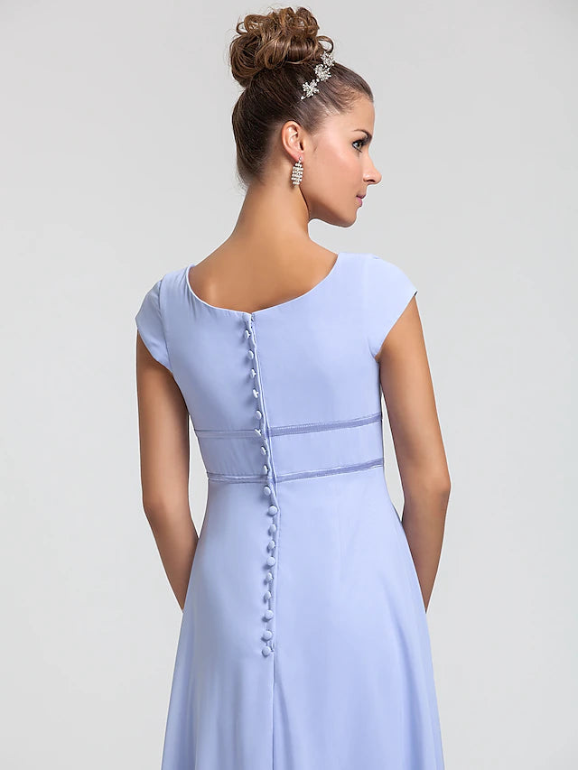 Sheath / Column Bridesmaid Dress Square Neck Short Sleeve Elegant Floor Length Chiffon with Sash / Ribbon