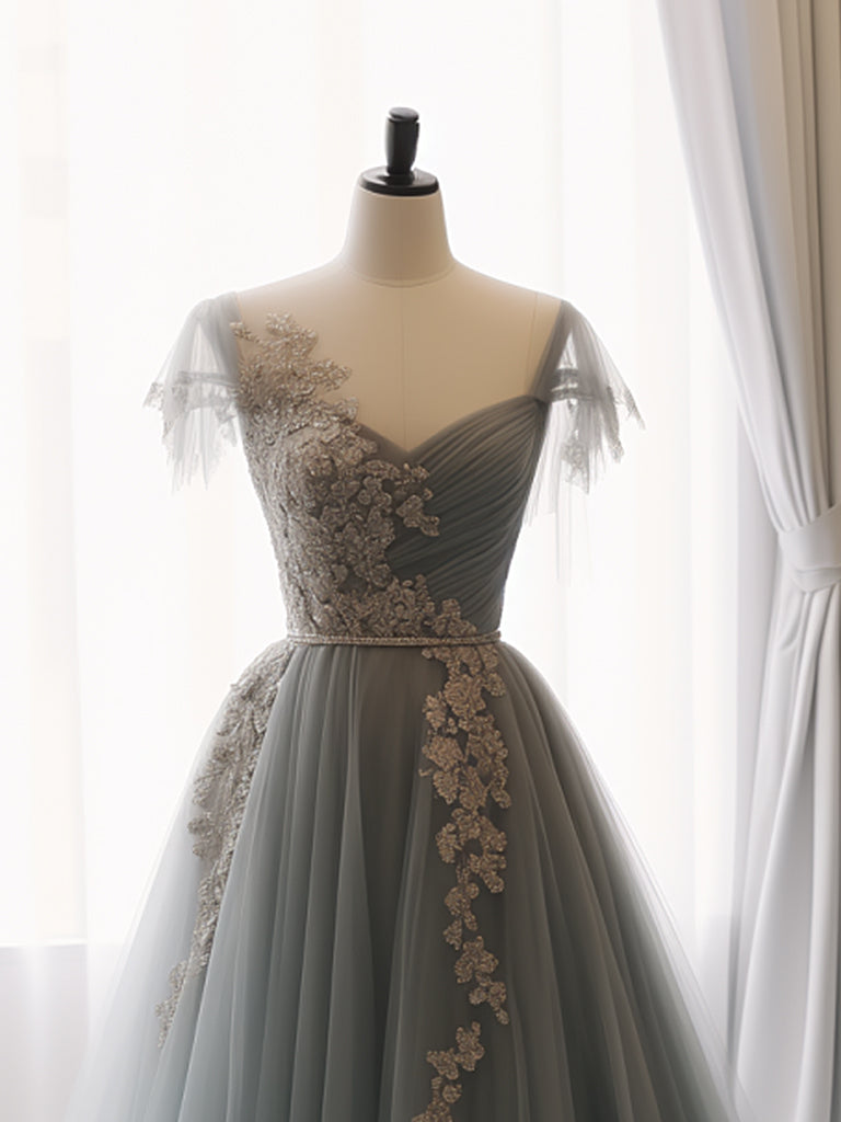 A-Line Sweetheart Neck Tulle Lace Gray Blue Long Prom Dress Formal Dress Elegant