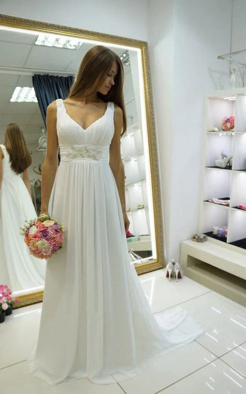 Greek Empire Strapped V-Neck Empire Chiffon Weddig Dress White Elegant