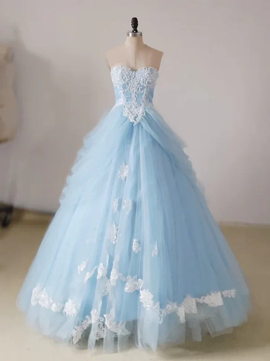 A-line lace chicken heart collar blue long ball dress Sky Blue Prom Dress