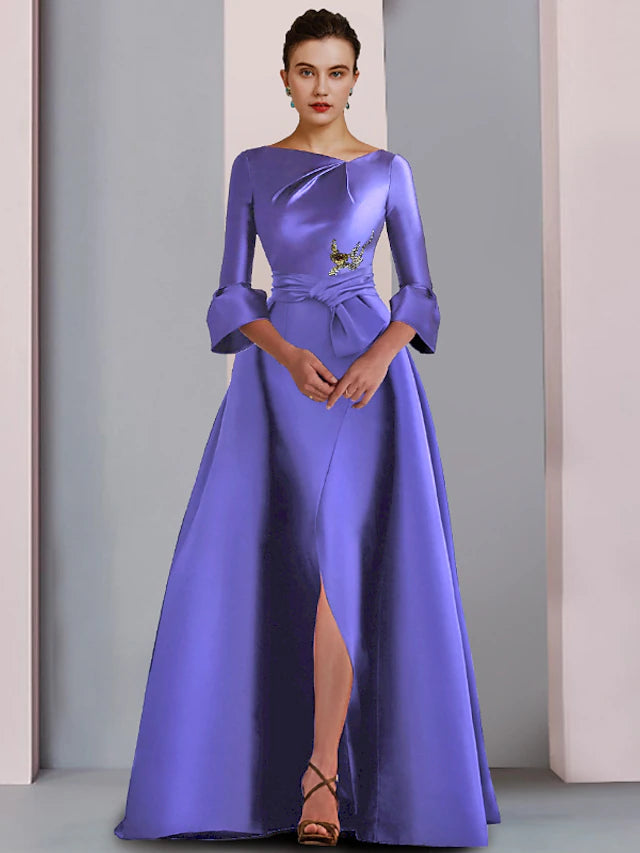 A-Line Mother of the Bride Dress Formal Party Elegant Scoop Neck Floor Length Satin 3/4 Length Sleeve