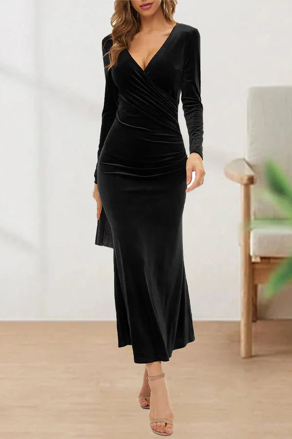 Sweet and elegant V-neck evening dress Long Sleeve Solid Color