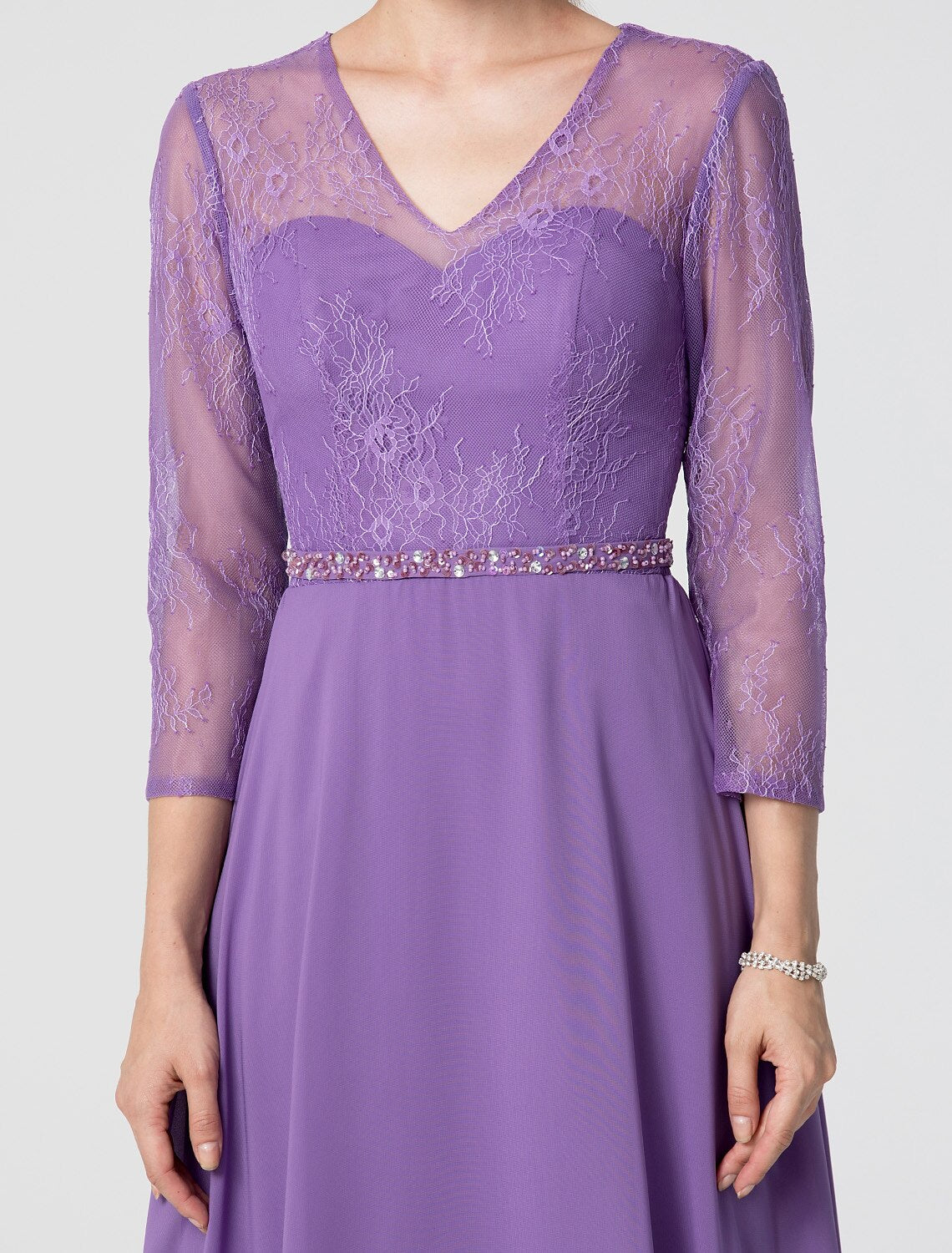 A-Line Elegant Holiday Cocktail Party Formal Evening Dress V Neck 3/4 Length Sleeve Floor Length Chiffon Lace with Sash / Ribbon Beading