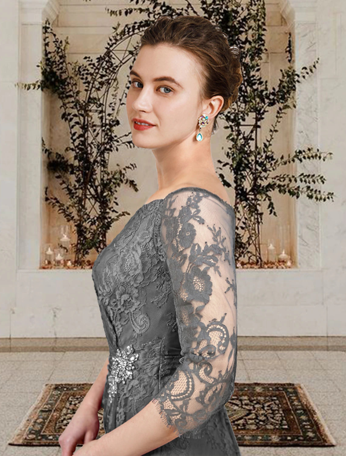 A-Line Mother of the Bride Dress Wedding Guest Plus Size Elegant Jewel Neck Floor Length Lace Short Sleeve with Ruffles Crystal Brooch
