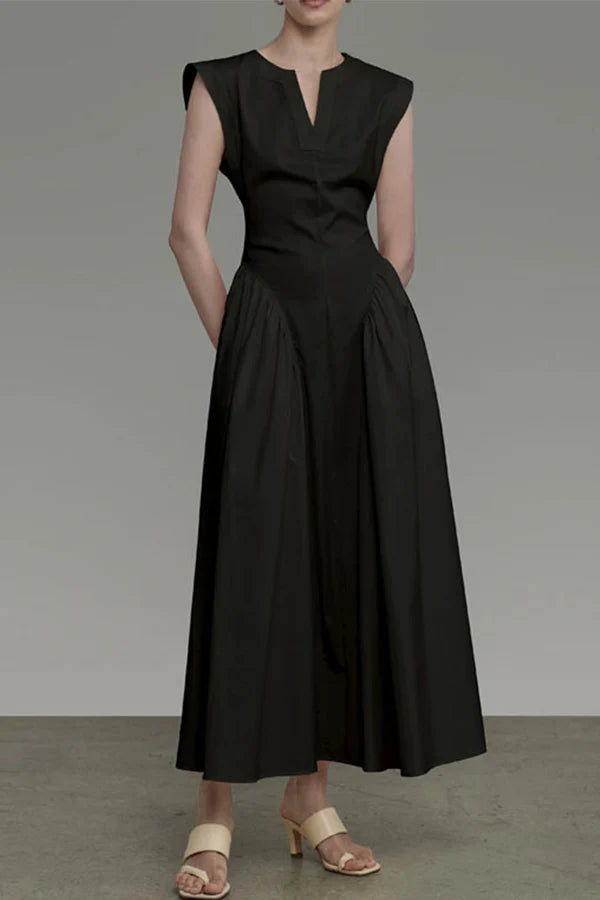 Elegant solid color pocket folding O-neck sleeveless evening dress Pure Color