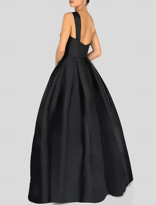 A-Line Prom Dresses Black Dress Dress Formal Prom Floor Length Sleeveless One Shoulder Satin with Ruched Sexy Evening Dresses