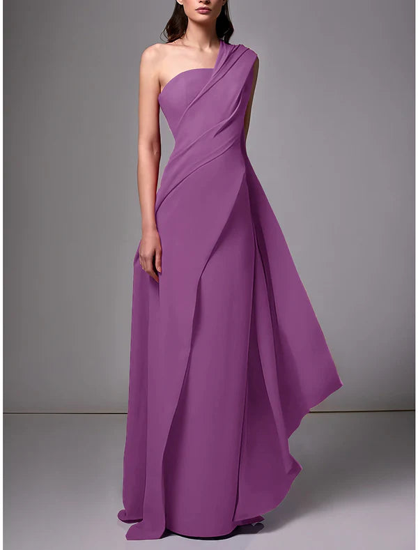 Sheath Evening Gown Red Green Dress Elegant Dress Formal Sweep / Brush Train Sleeveless One Shoulder Stretch Chiffon with Pleats