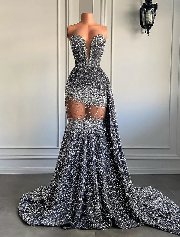 Mermaid / Trumpet Evening Gown Sparkle & Shine Dress Carnival Formal Court Train Sleeveless Strapless African American Sequined with Beading