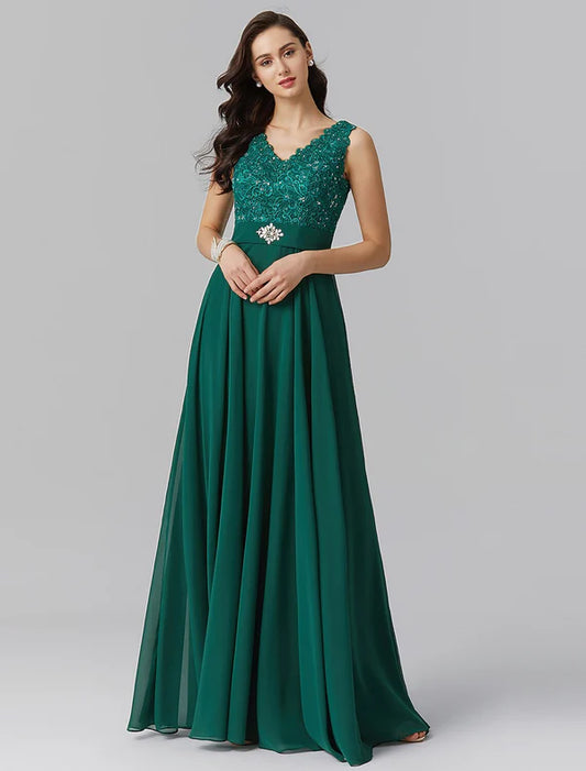 A-Line Elegant Dress Wedding Guest Formal Evening Floor Length Sleeveless V Neck Chiffon V Back with Beading