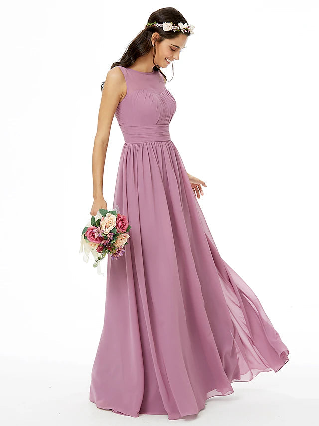 A-Line Bridesmaid Dress Jewel Neck Sleeveless Open Back Floor Length Chiffon with Sash / Ribbon / Pleats