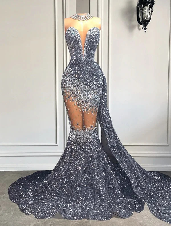Mermaid / Trumpet Evening Gown Sparkle & Shine Dress Carnival Formal Court Train Sleeveless Strapless African American Sequined with Beading