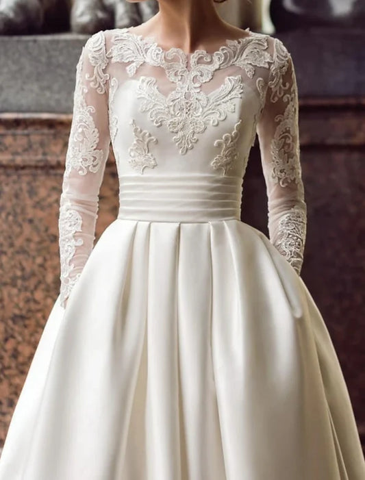 Engagement Vintage Formal Wedding Dresses Ball Gown Illusion Neck Long Sleeve Court Train Satin Bridal Gowns With Appliques