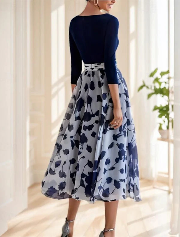 A-Line Mother of the Bride Dress Elegant V Neck 3/4 Length Sleeve Formal Wedding Guest Dress