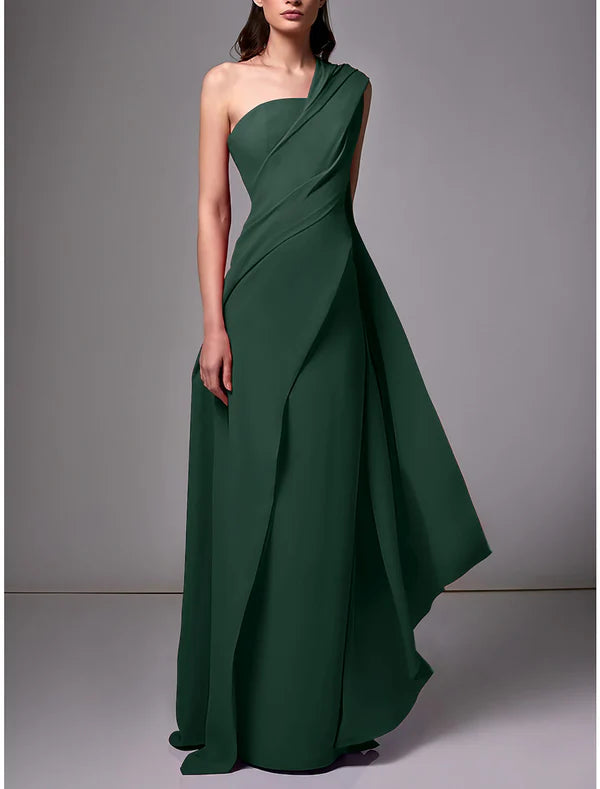 Sheath Evening Gown Red Green Dress Elegant Dress Formal Sweep / Brush Train Sleeveless One Shoulder Stretch Chiffon with Pleats