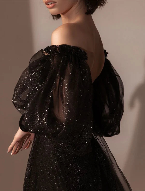 A-Line Evening Gown High Split Dress Prom Semi Formal Black Dress Plus Size Floor Length Long Sleeve Off Shoulder Tulle with Slit