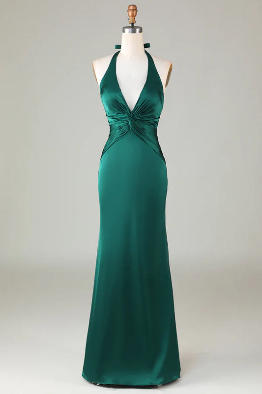 Fish tail hanging neck deep green long satin bridesmaid dress V-neck Sexy Evening Dresses