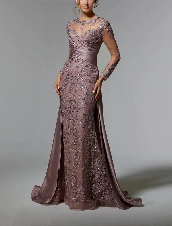 Mermaid / Trumpet Mother of the Bride Dress Wedding Guest Elegant Jewel Neck Sweep / Brush Train Stretch Satin Long Sleeve with Lace