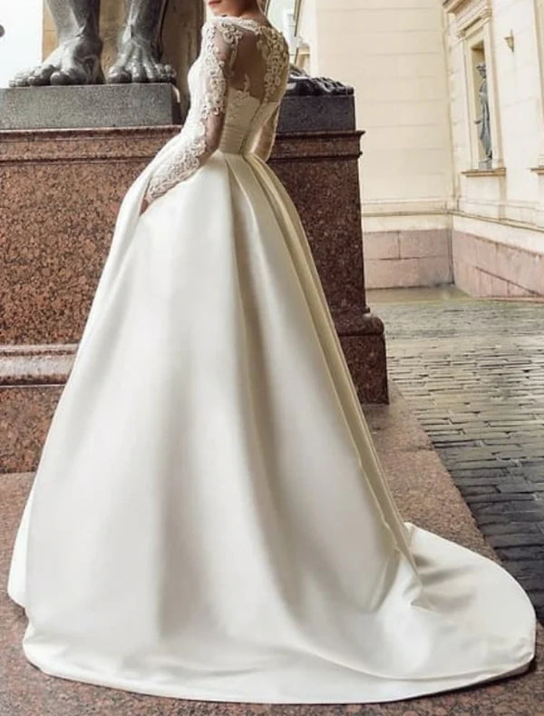 Engagement Vintage Formal Wedding Dresses Ball Gown Illusion Neck Long Sleeve Court Train Satin Bridal Gowns With Appliques
