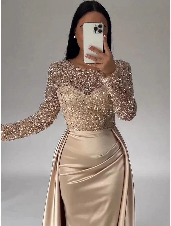 Mermaid Sequin Evening Gown Ruched Satin Dress Long Sleeves Floor Length Sparkle Illusion Neck Fall Wedding Guest Dress with Pearls