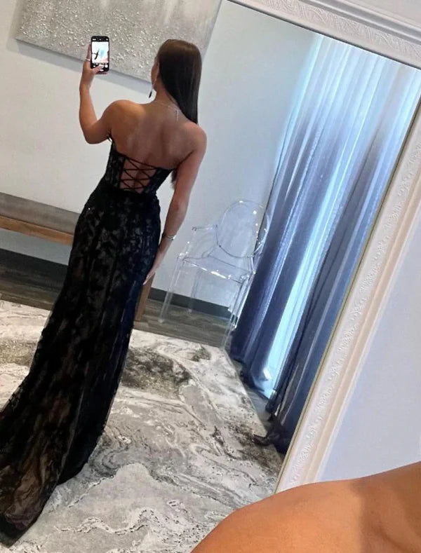 A-Line Mermaid Black Dress Evening Gown Open Back Dress Graduation Prom Sweep / Brush Train Sleeveless Sweetheart Wednesday Addams Family Lace Backless with Slit