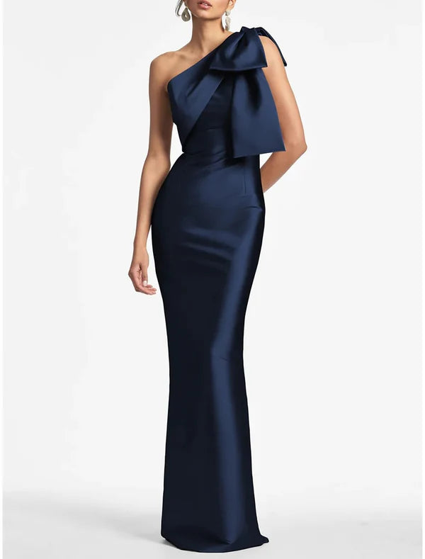 Satin Mermaid Party Dress Evening Gown Champagne Black Elegant Dress Formal Fall Ankle Length Sleeveless One Shoulder with Bow(s)