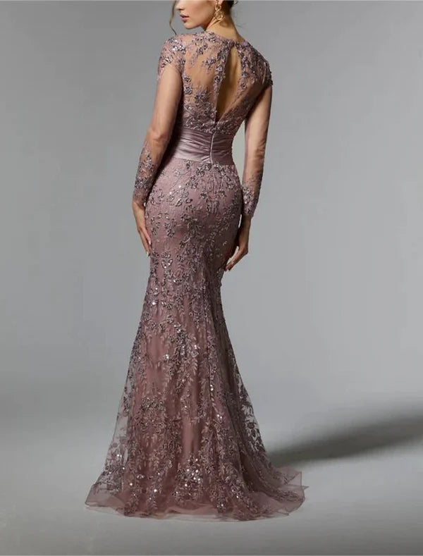 Mermaid / Trumpet Mother of the Bride Dress Wedding Guest Elegant Jewel Neck Sweep / Brush Train Stretch Satin Long Sleeve with Lace