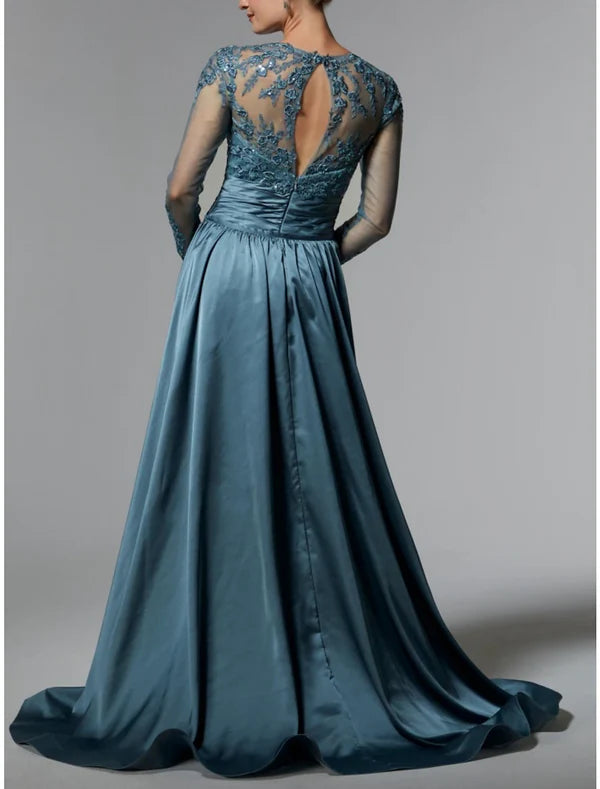 Mermaid / Trumpet Mother of the Bride Dress Wedding Guest Elegant Jewel Neck Sweep / Brush Train Stretch Satin Long Sleeve with Lace