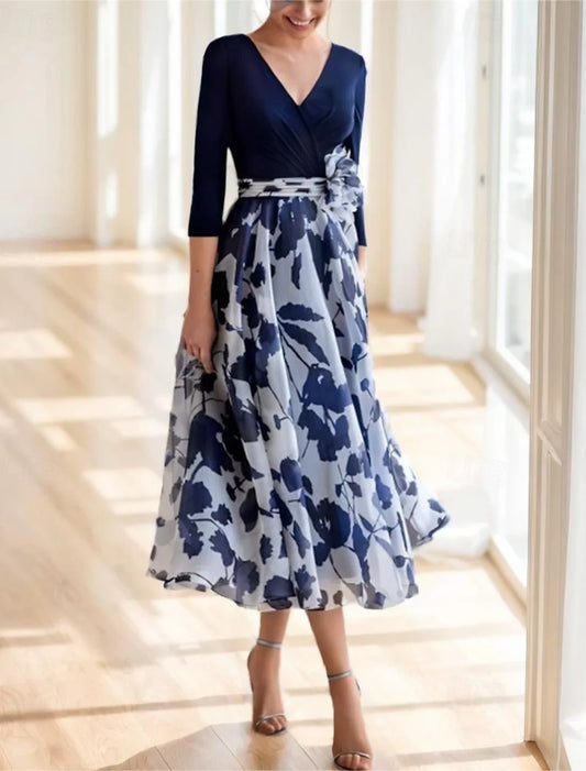 A-Line Mother of the Bride Dress Formal Wedding Guest Elegant Scoop Neck V Neck Ankle Length Chiffon Sequined Stretch Fabric 3/4 Length Sleeve