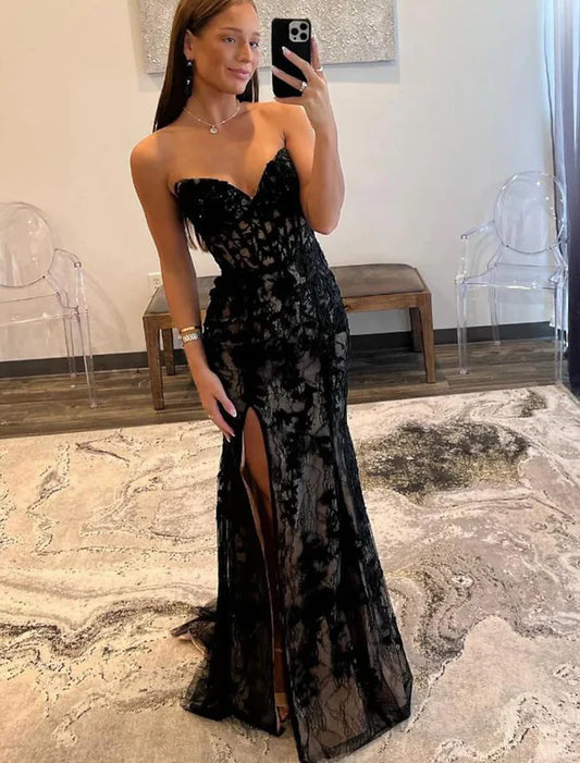 A-Line Mermaid Black Dress Evening Gown Open Back Dress Graduation Prom Sweep / Brush Train Sleeveless Sweetheart Wednesday Addams Family Lace Backless with Slit