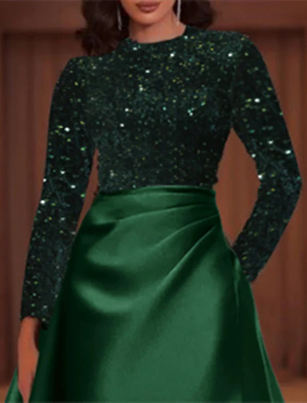 A-Line Evening Gown Elegant Dress Christmas Dress Wedding Guest Floor Length Long Sleeve Jewel Neck Pocket Satin