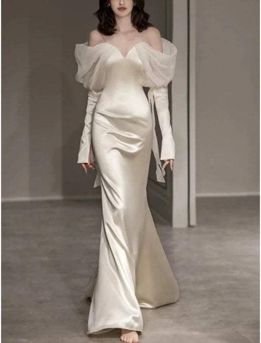 Mermaid / Trumpet Evening Gown Elegant Dress Formal Prom Floor Length Long Sleeve Sweetheart Italy Satin with Buttons