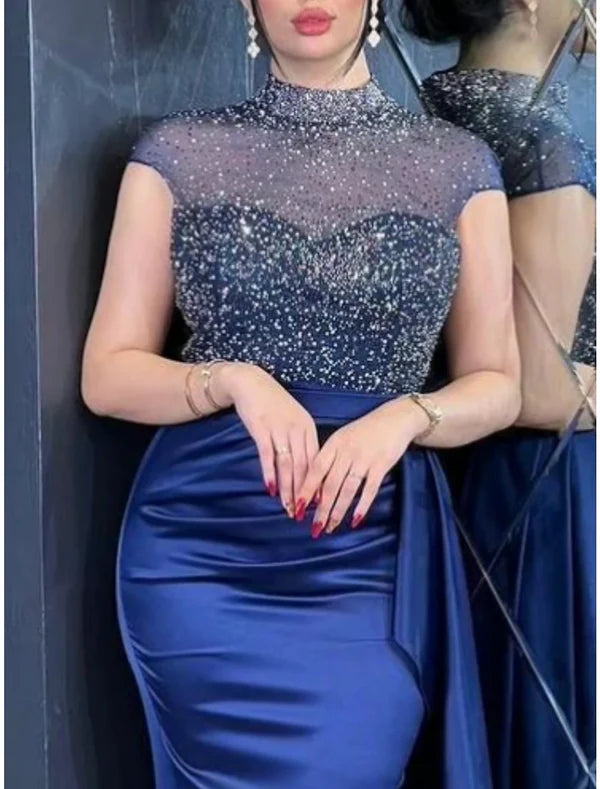 A-Line Evening Gown Elegant Dress Formal Floor Length Short Sleeve High Neck Stretch Satin with Slit