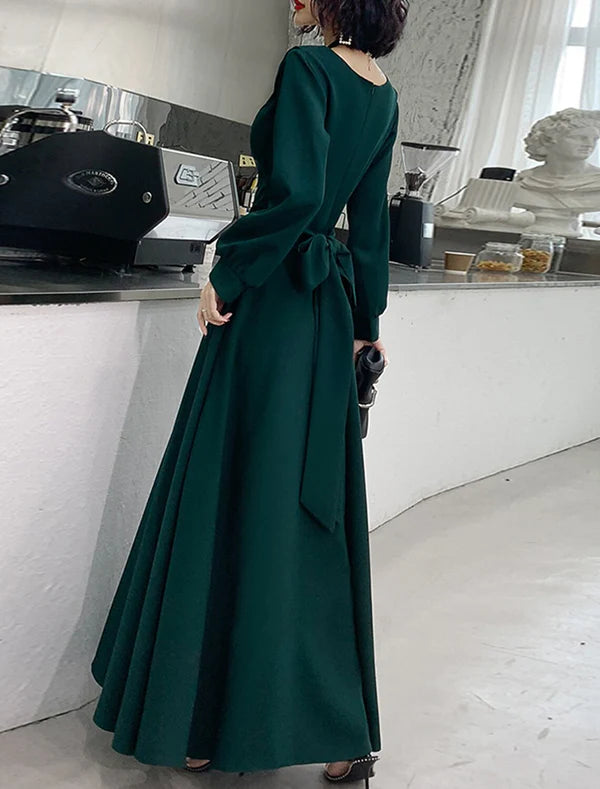A-Line Evening Gown Minimalist Dress Prom Formal Evening Floor Length Long Sleeve V Neck Stretch Fabric with Sash