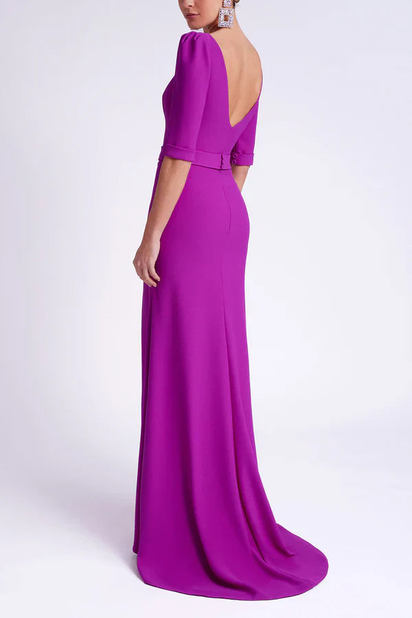 Spoon half sleeved satin empire slit mother of the bride dresses Evening Dresses With Slit