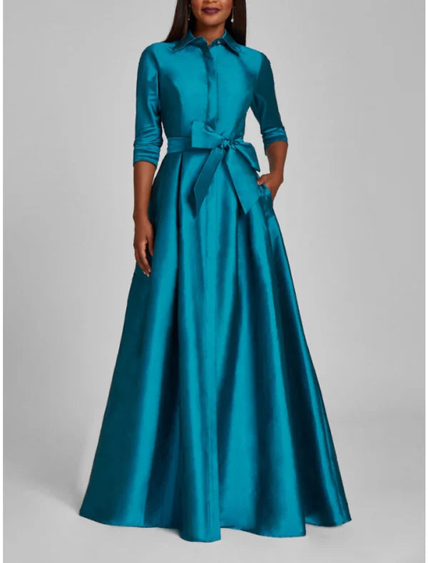 Satin A-Line Evening Gown Champagne Gold Minimalist Black Christmas Red Green Dress Dress Formal Fall Floor Length Half Sleeve Shirt Collar with Bow(s)
