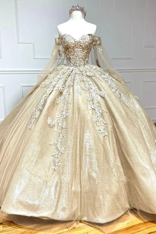 Charming Golden Sweetheart Ball Dress with Cloak Sleeves Adult Dress Quinceanera Dress