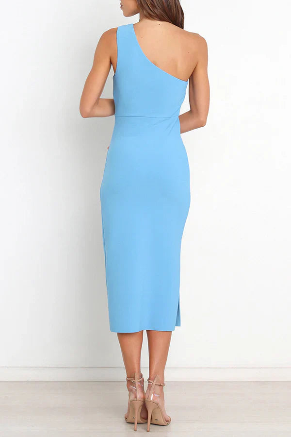 Sexy and minimalist solid color pleated diagonal collar A-line evening dress One Shoulder