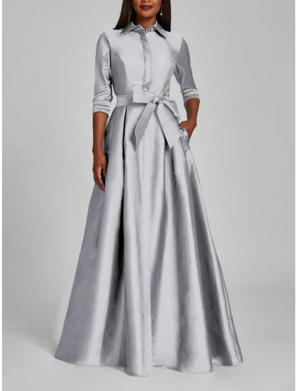 Satin A-Line Evening Gown Champagne Gold Minimalist Black Christmas Red Green Dress Dress Formal Fall Floor Length Half Sleeve Shirt Collar with Bow(s)