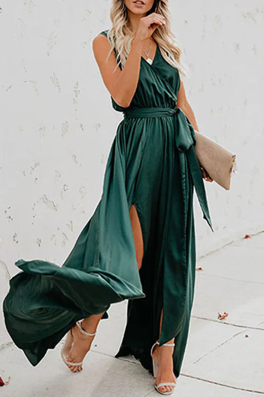 Elegant solid color high opening V-neck sleeveless evening dress With Slit