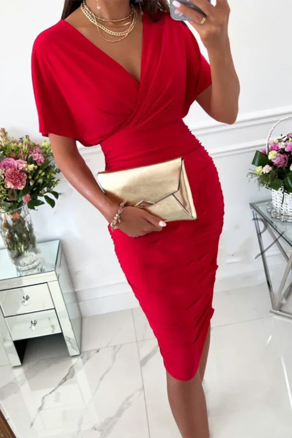Fashionable solid color split splicing V-neck high waisted skirt for evening dress Party Dress