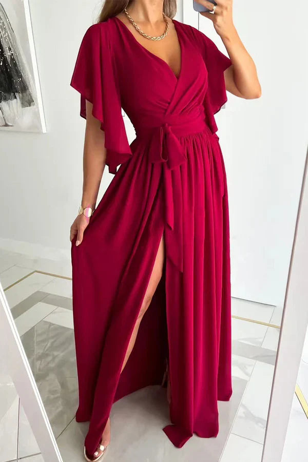 Elegant solid color lace up ruffled V-neck A-line evening dress Party Dress