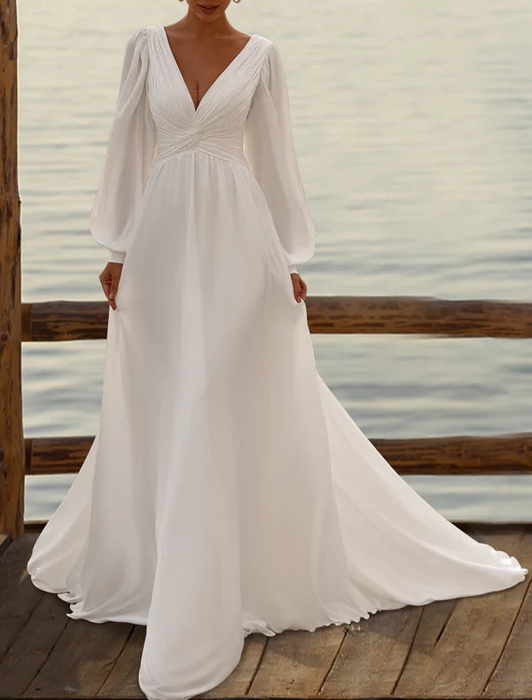 Simple Wedding Dresses Wedding Dresses A-Line Camisole Sleeveless Tea Length Chiffon Bridal Gowns With Pleats