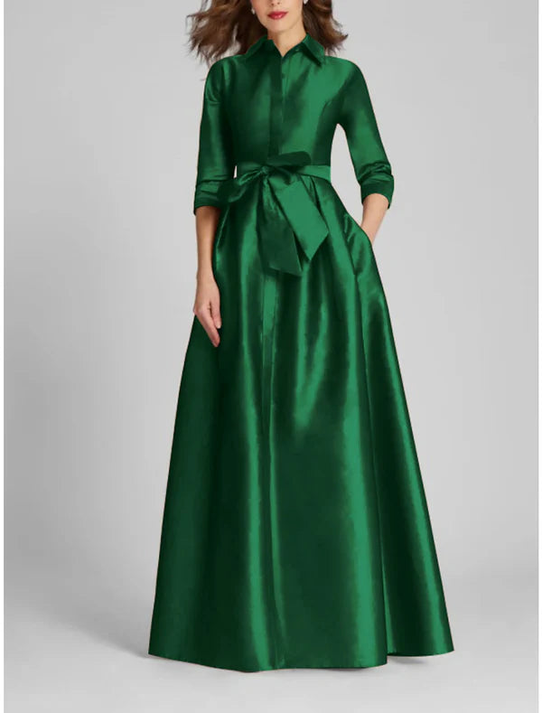 Satin A-Line Evening Gown Champagne Gold Minimalist Black Christmas Red Green Dress Dress Formal Fall Floor Length Half Sleeve Shirt Collar with Bow(s)