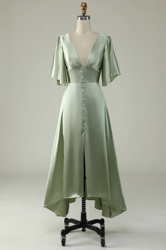 Light Green A Line Deep V Neck Bridesmaid Dress with Half Sleeves Elegant Evening Party Dress