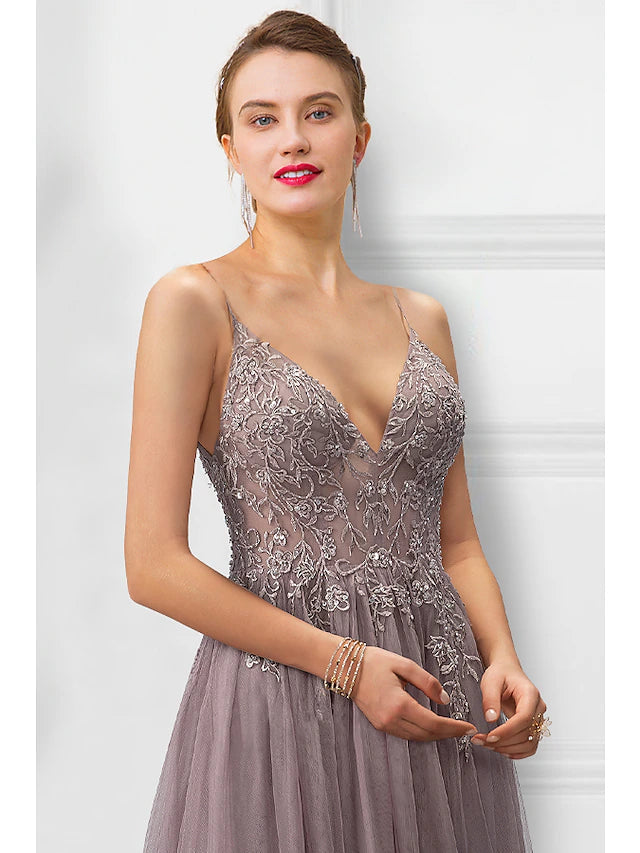 A-Line Prom Dresses Floral Dress Party Wear Floor Length Sleeveless Spaghetti Strap Tulle