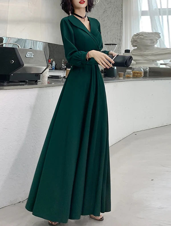 A-Line Evening Gown Minimalist Dress Prom Formal Evening Floor Length Long Sleeve V Neck Stretch Fabric with Sash